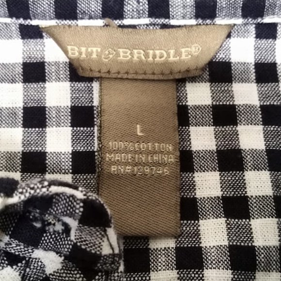 Bit and Bridle Women's Navy/Black and‎ White Gingham Western Button Down Shirt L - Picture 3 of 6